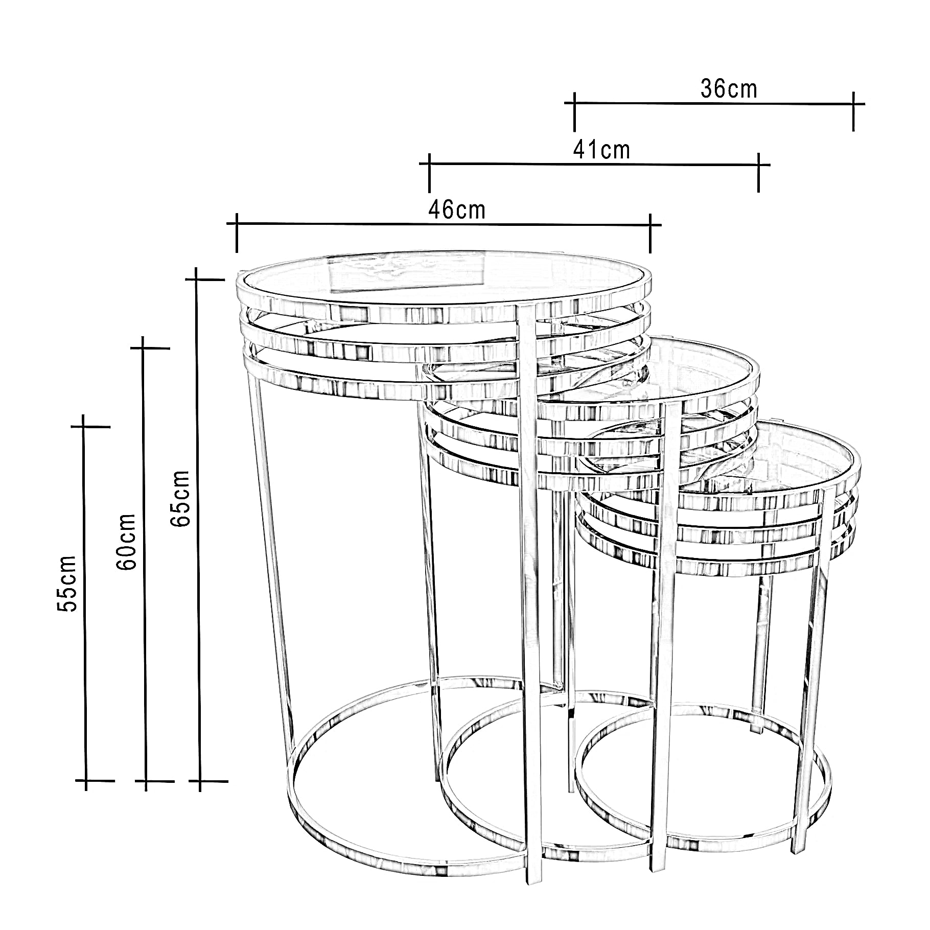 طقم ترابيزات جانبية ستيل بسطح زجاج، 3 قطع