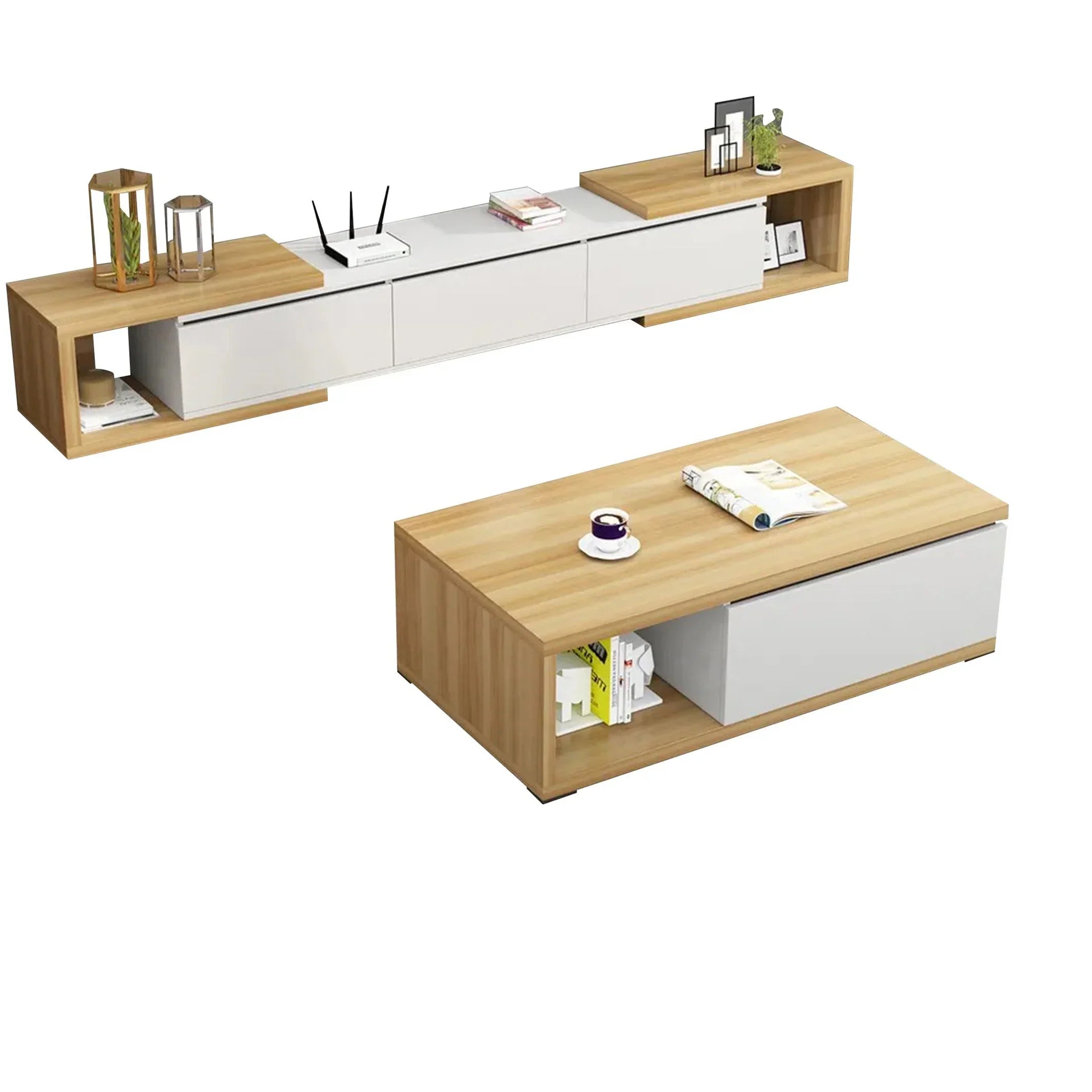 طقم ترابيزة تليفزيون مع ترابيزة قهوة، خشب ام دي اف - قطعتين