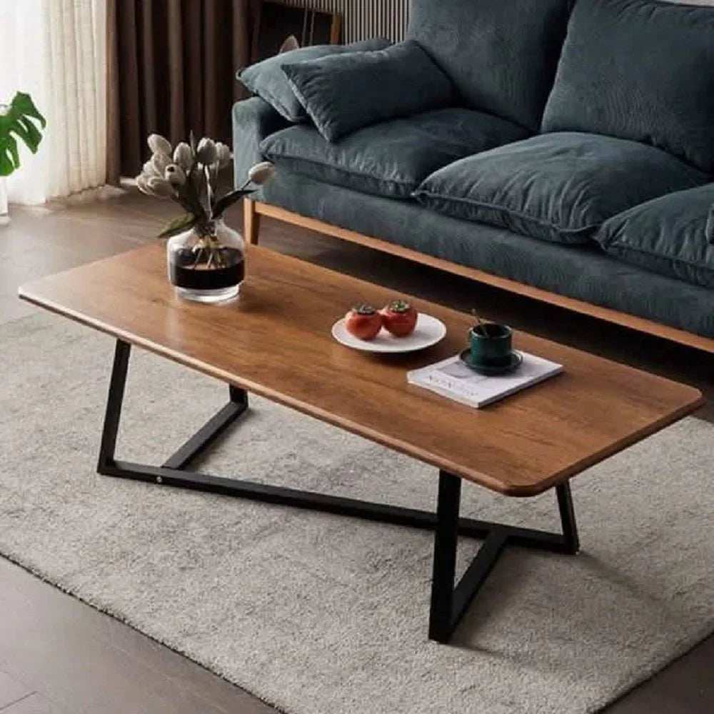 ترابيزة قهوة معدن بسطح خشب، 100*50*45 سم