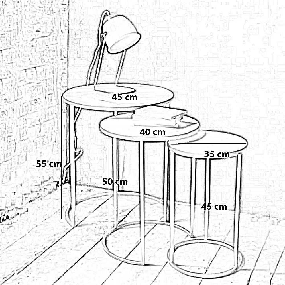 طقم ترابيزات جانبية معدنية متداخلة بثلاث قطع بأحجام مختلفة وسطح رخام بتصميم بسيط وأنيق
