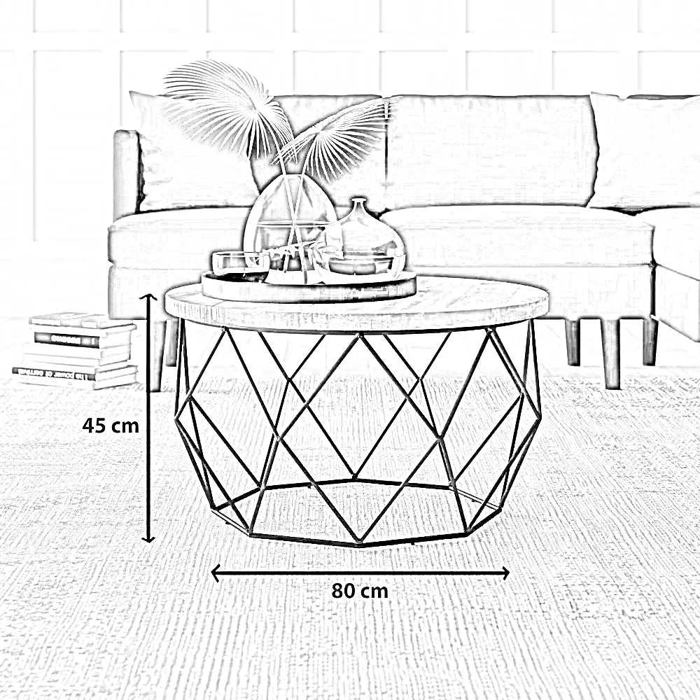 ترابيزة قهوة ستيل بسطح خشب دائري ولون معدني هندسي قياس 80 80 45 سم